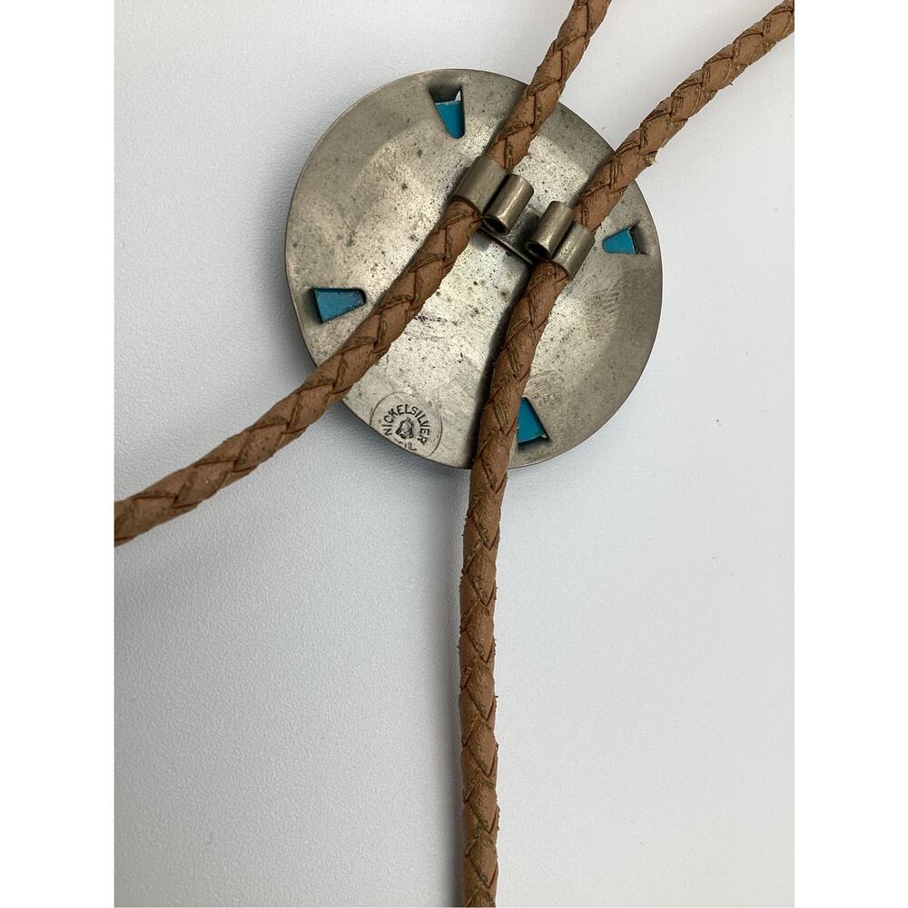 Vntg Southwestern Thunderbird Bolo Tie Nickel Silver Turquoise Inlay Boho - Picture 4 of 4